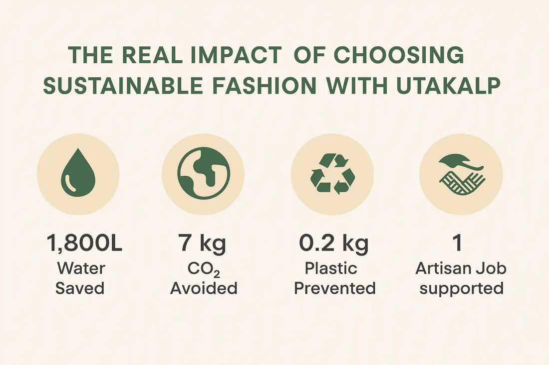 Infographic showing the real impact of sustainable fashion versus fast fashion, highlighting water saved, CO2 avoided, plastic reduced, and artisan jobs supported by Utakalp clothing.