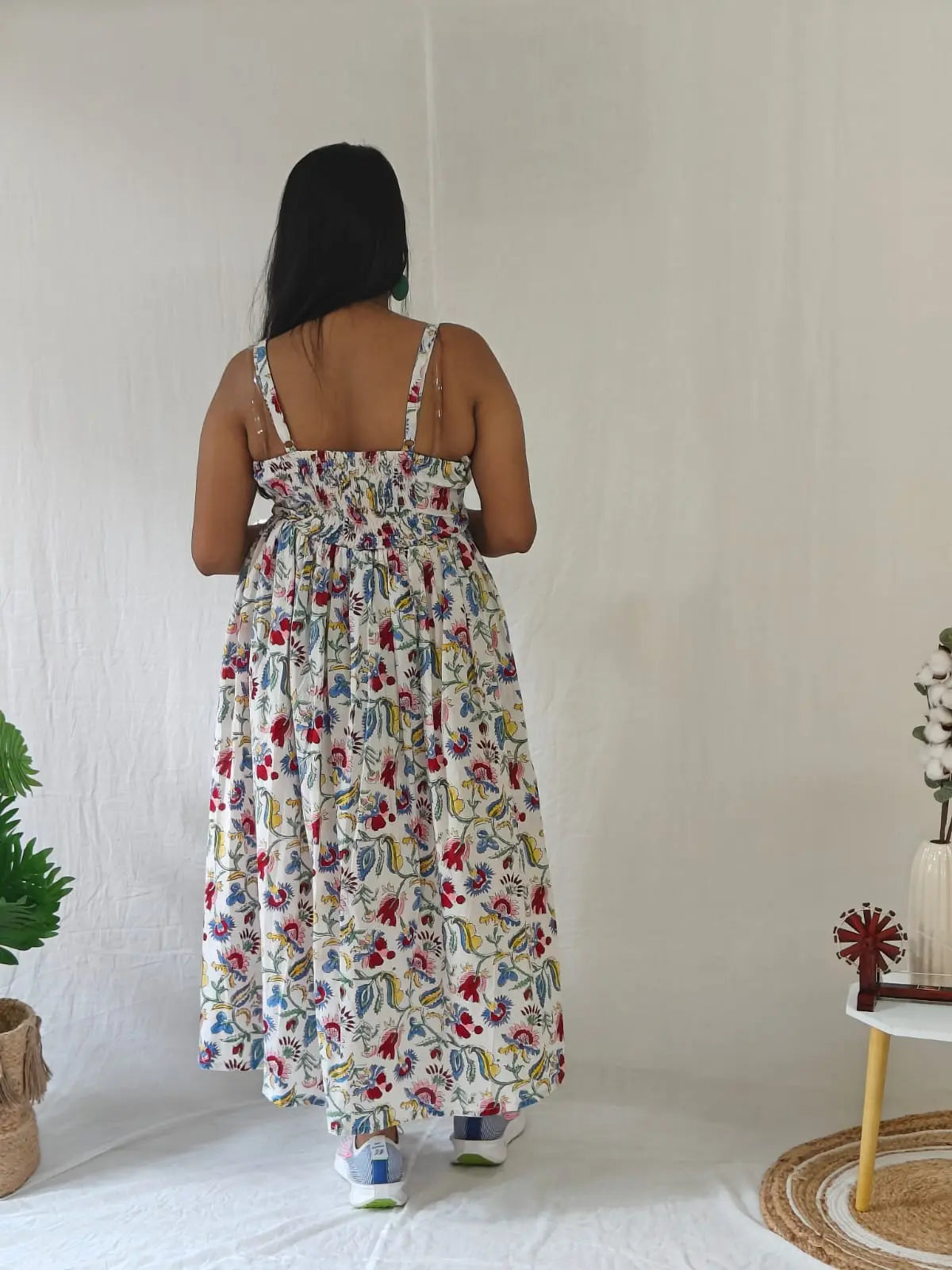 Back view of white Sanganeri block print spaghetti dress.