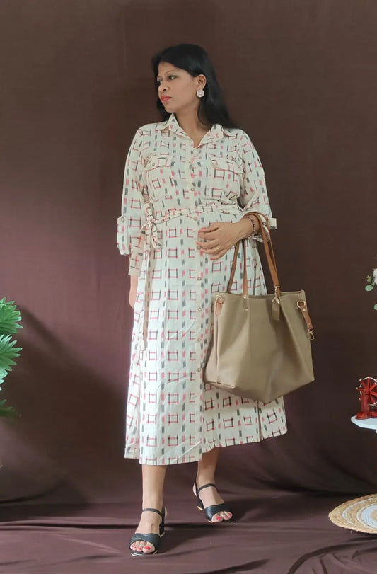 Side view – Resha double ikat shirt dress showing three-quarter sleeves and belted waist