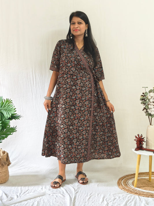 Hand block printed Ajrakh short wrap dress in cotton.