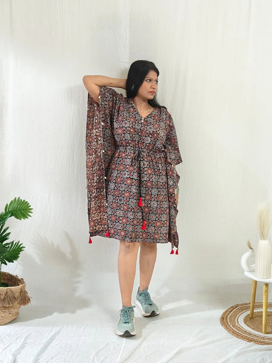 Kaari Ajrakh Blockprint Kaftan in casual style with shell seam detailing