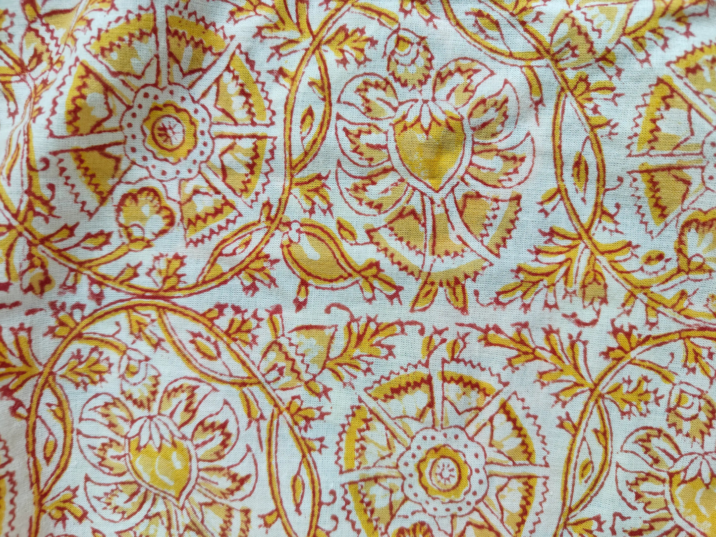 Zoom view showing detailed orange Sanganeri block print on the kaftan fabric.