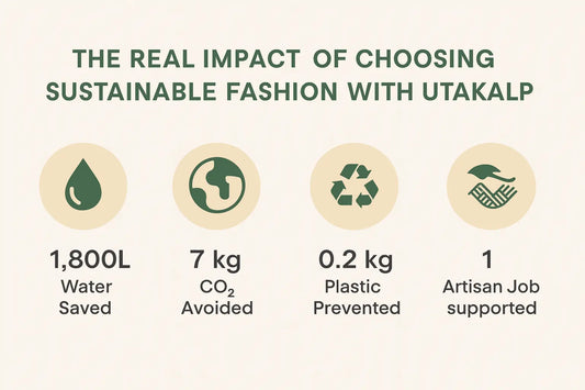 Infographic showing the real impact of sustainable fashion versus fast fashion, highlighting water saved, CO2 avoided, plastic reduced, and artisan jobs supported by Utakalp clothing.