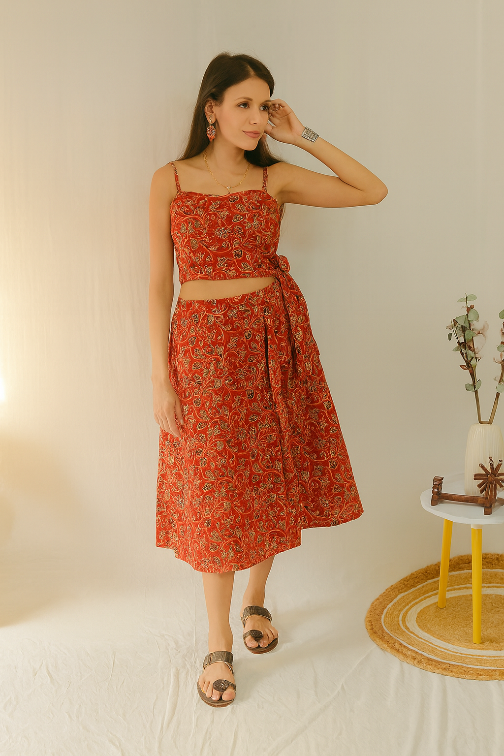 Aarna Ajrakh Co-ord Set – front view of crop top and wrap skirt
