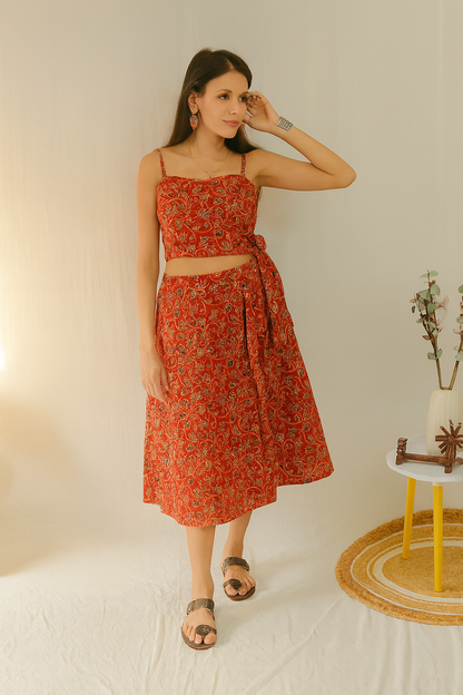 Aarna Ajrakh Co-ord Set – front view of crop top and wrap skirt