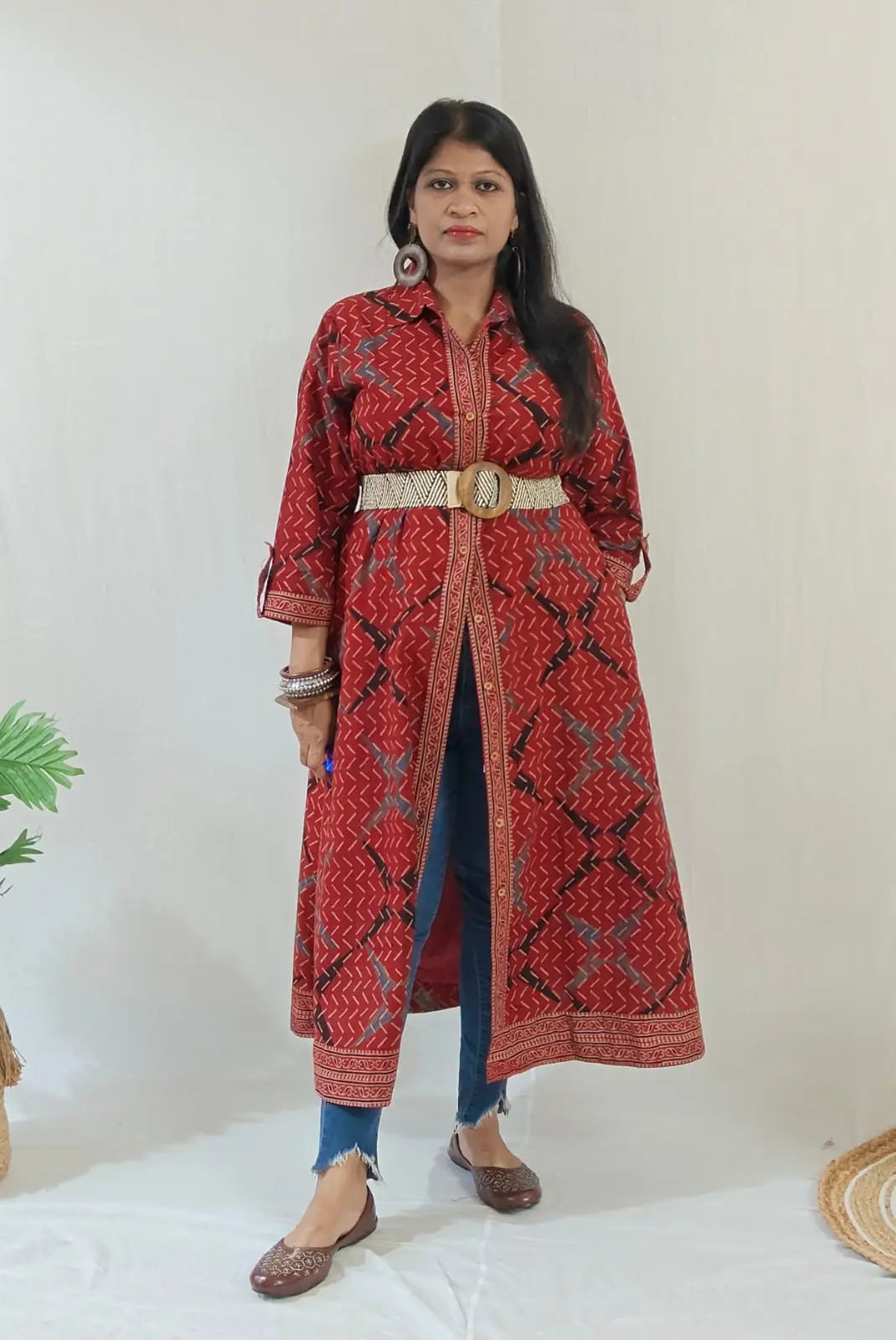 Shirt dress styled with jeans, worn with or without tied belt – indo-western fusion look.