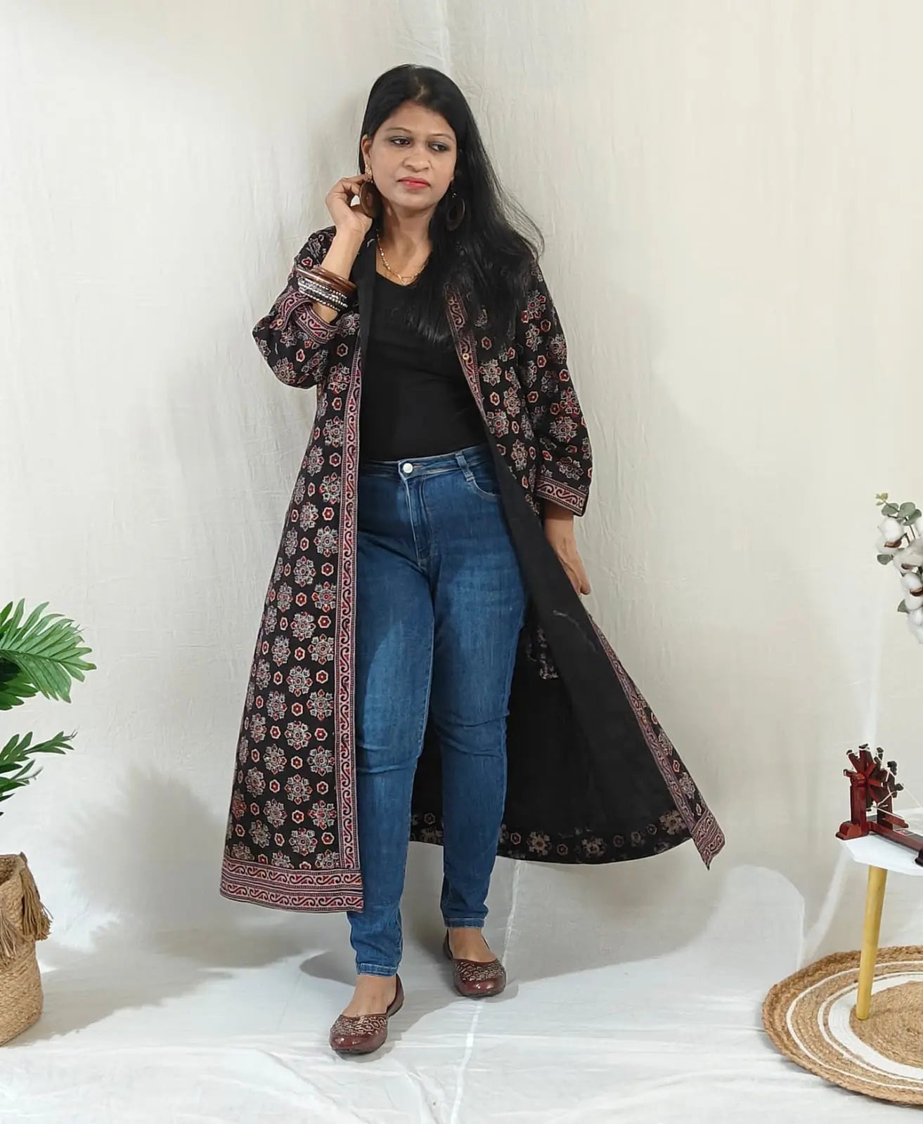 Shirt dress styled with jeans, worn with or without tied belt – indo-western fusion look.