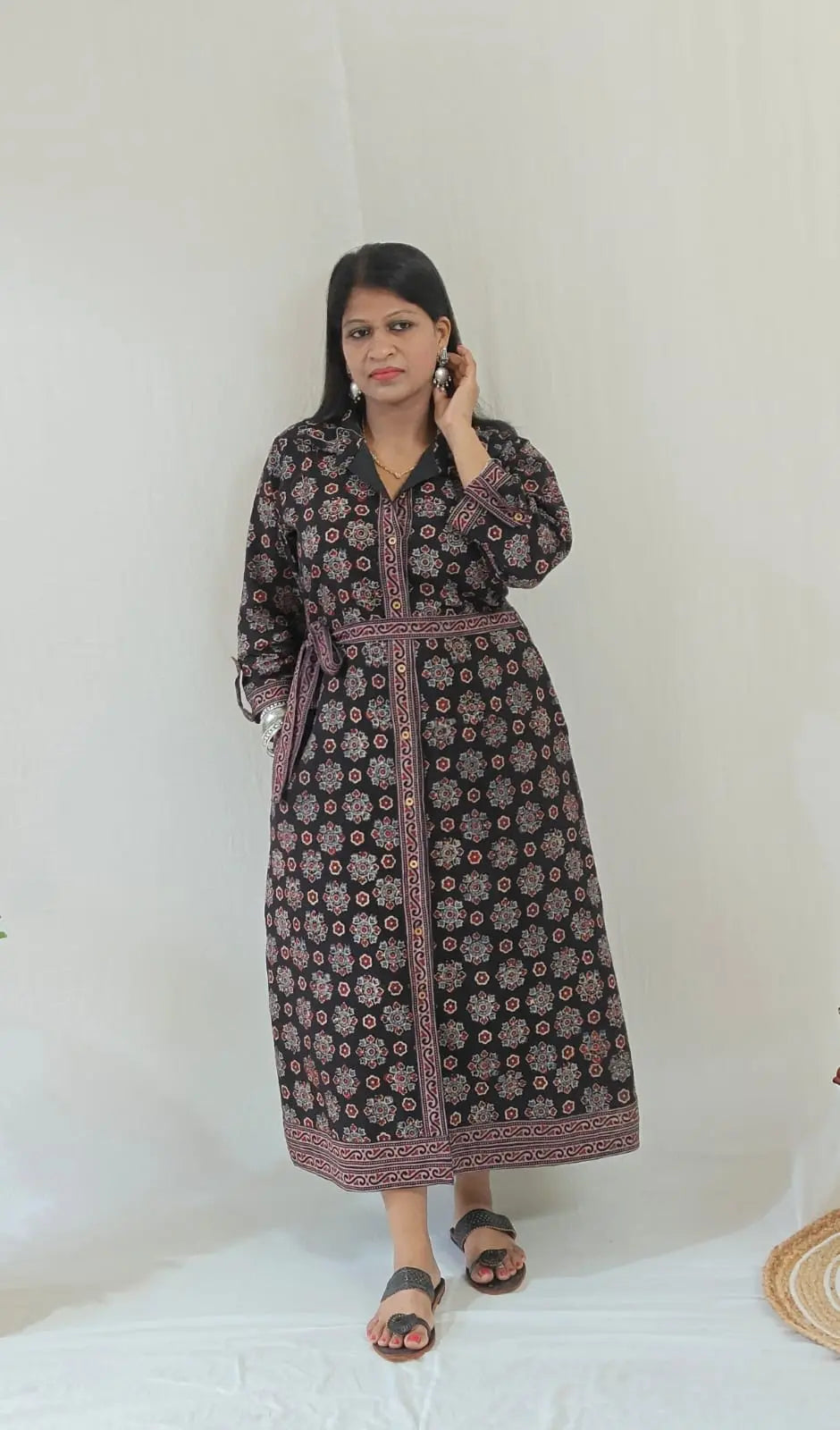 Shirt dress with attached belt, styled with Kolhapuri chappals and oxidised jewellery – front view.