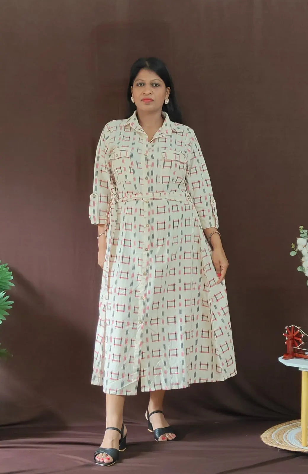 Front view – Resha double ikat shirt dress in handwoven cotton with attached belt and wooden buttons

