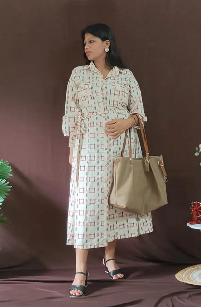 Side view – Resha double ikat shirt dress showing three-quarter sleeves and belted waist
