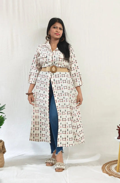 Front view half open with belt over jeans .