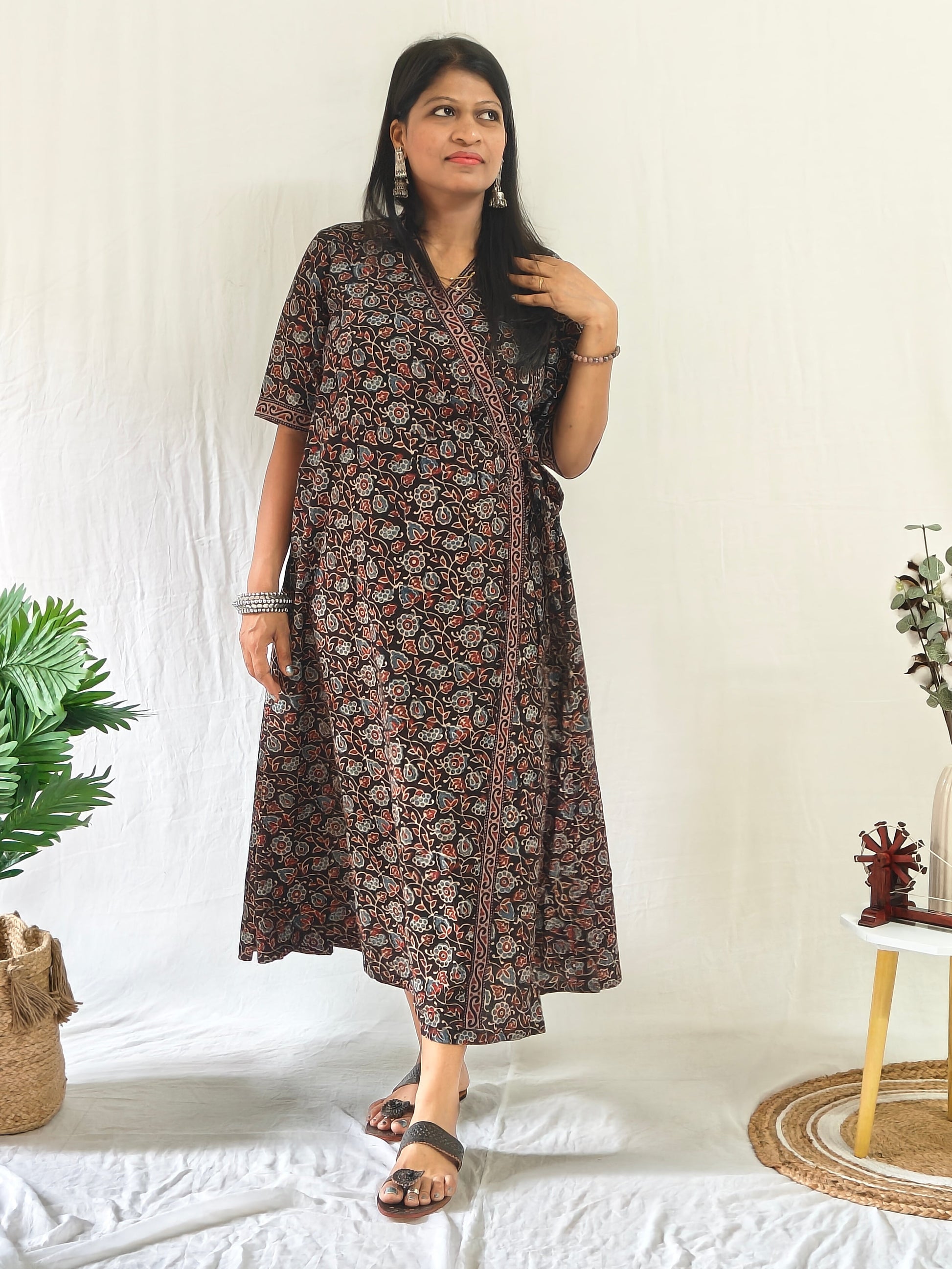 Hand block printed Ajrakh short wrap dress in cotton.