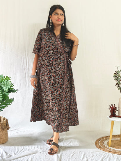 Hand block printed Ajrakh short wrap dress in cotton.