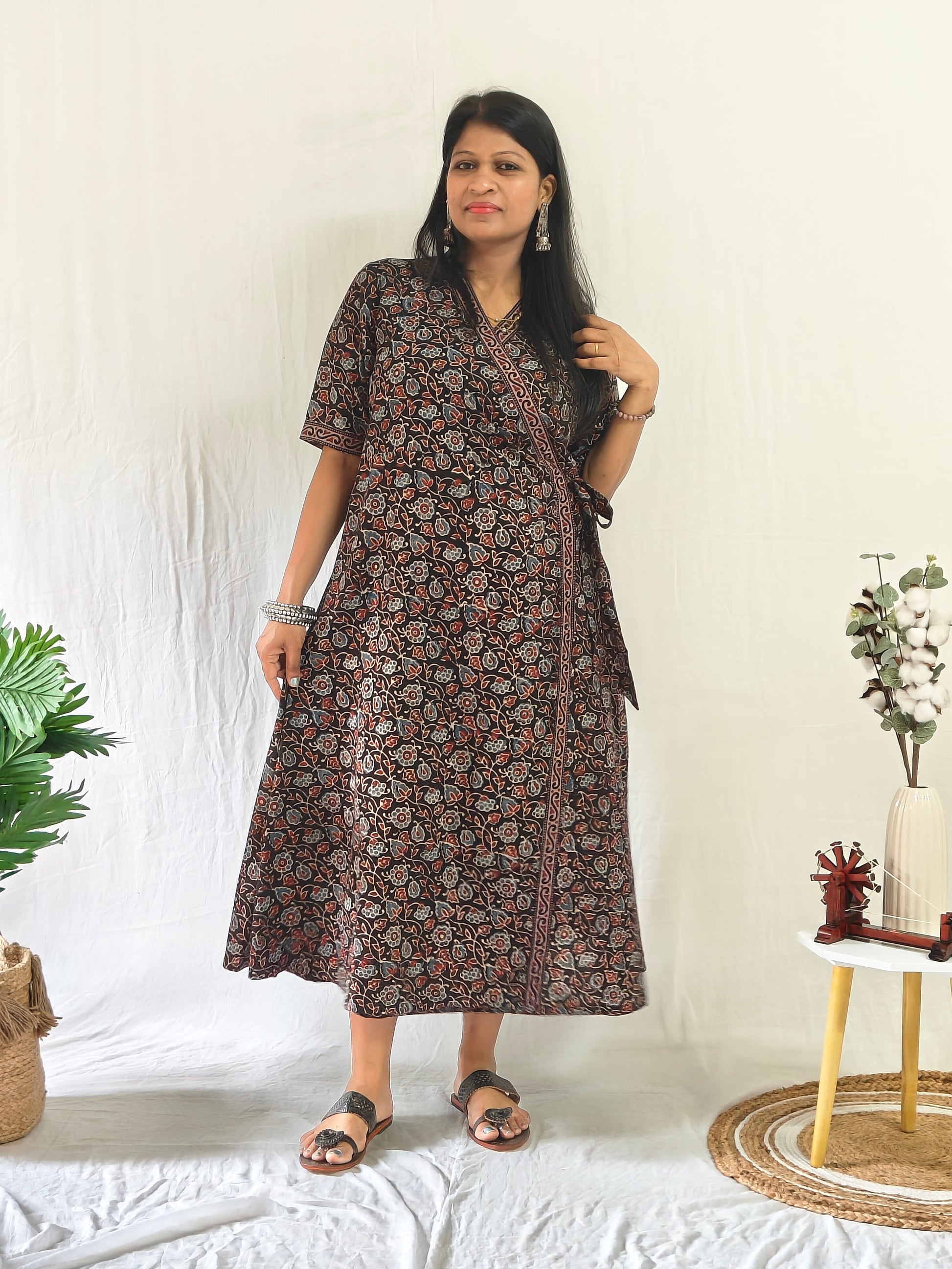 Hand block printed Ajrakh short wrap dress in cotton.