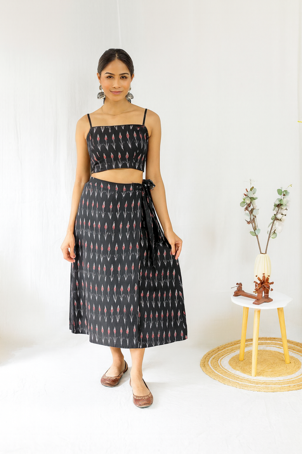 Black Ikkat crop top & wrap skirt set with side zip and hip coverage – front view