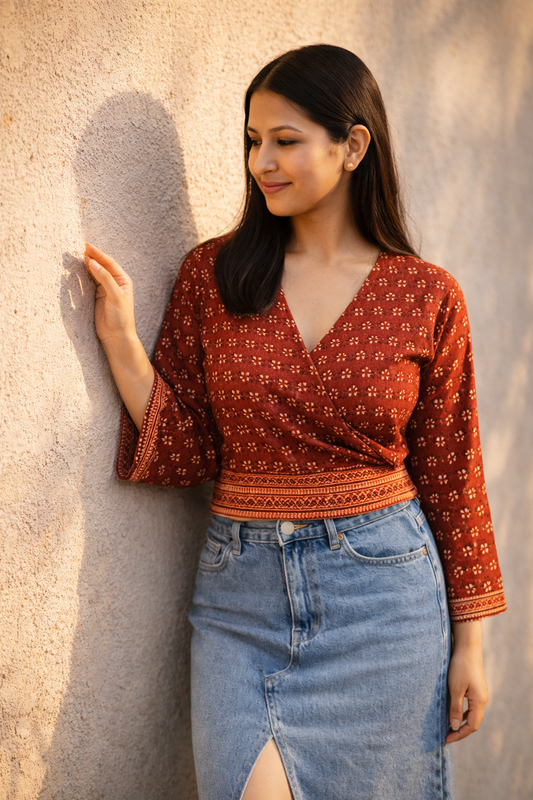 RED AJRAKH WRAP TOP