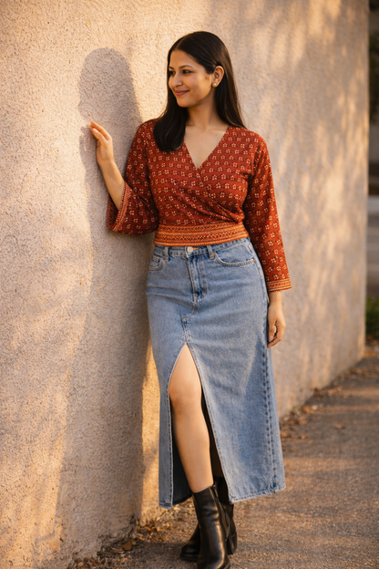 RED AJRAKH WRAP TOP