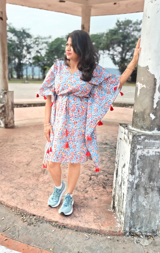 Tarang Sea Green Floral Blockprint Kaftan with tassels styled for casual wear.