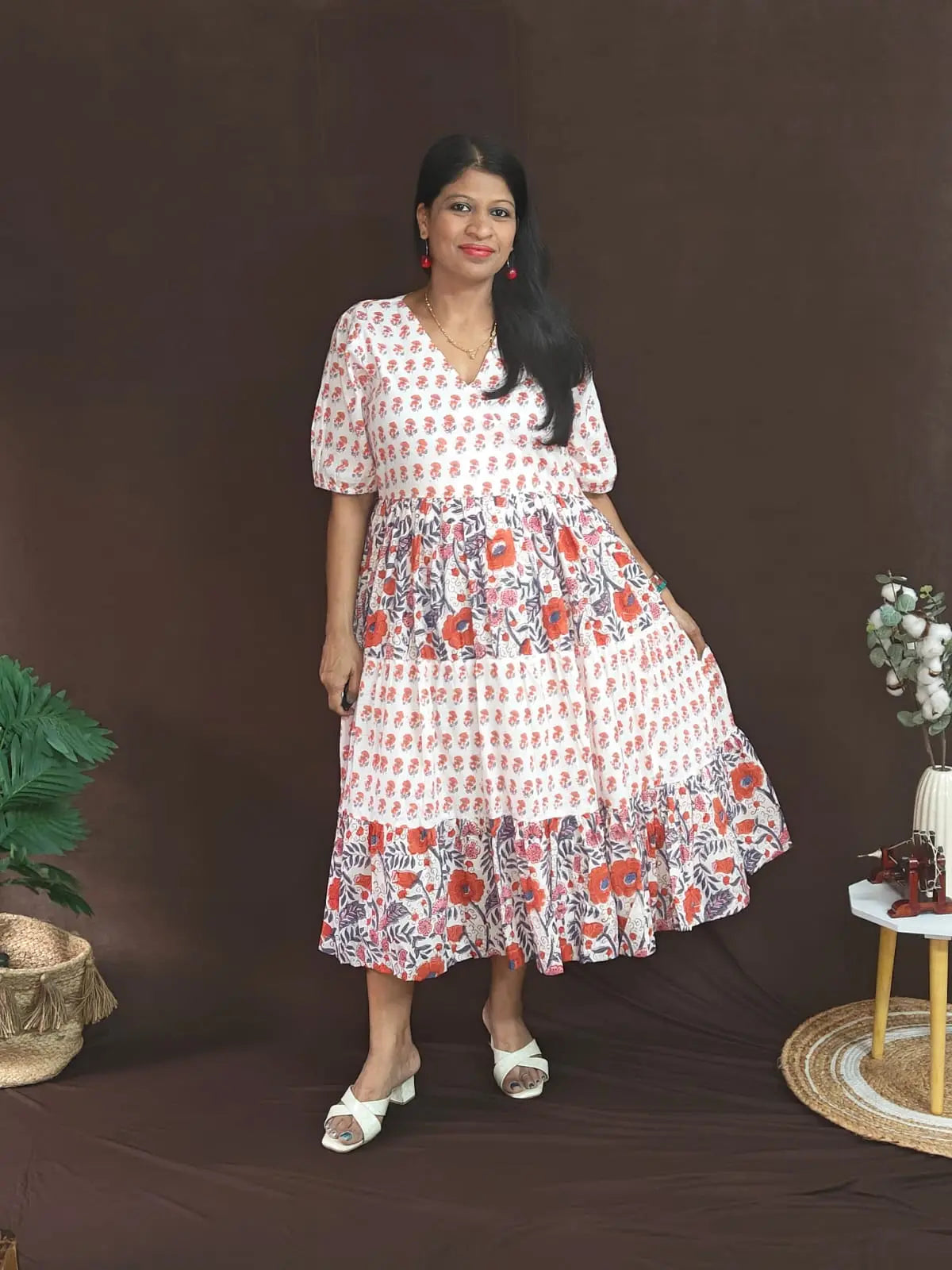 Palasha White Dress — white tiered dress with orange block prints