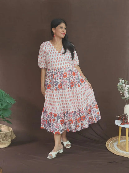 Palasha White Dress – flowy tiered silhouette with elastic sleeves