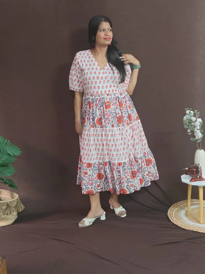 Model wearing Palasha White Dress in size XL – white tiered dress with orange artisan prints